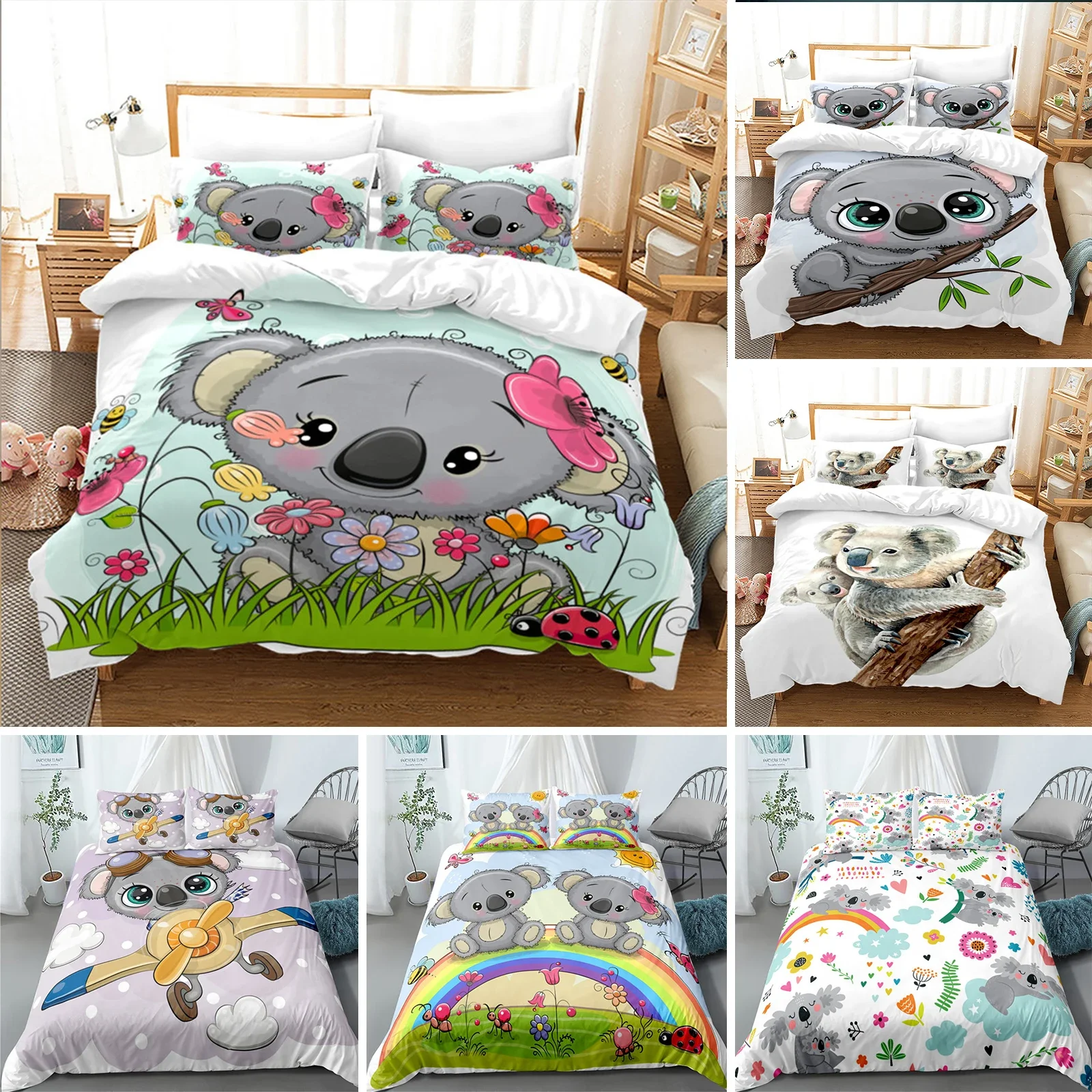 

Cartoon Koala Duvet Cover Microfiber Cute Animal Bedding Set Leaves Flowers Comforter Cover For Boys Girls Children Room Decor