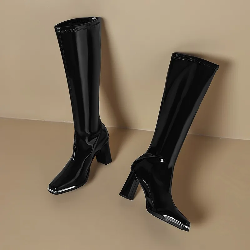 Knee High Boots Autumn New Square Toe Metal Head Guard Patent Leather Back Zip Non-Slip Block Heel Thigh Boots image 5