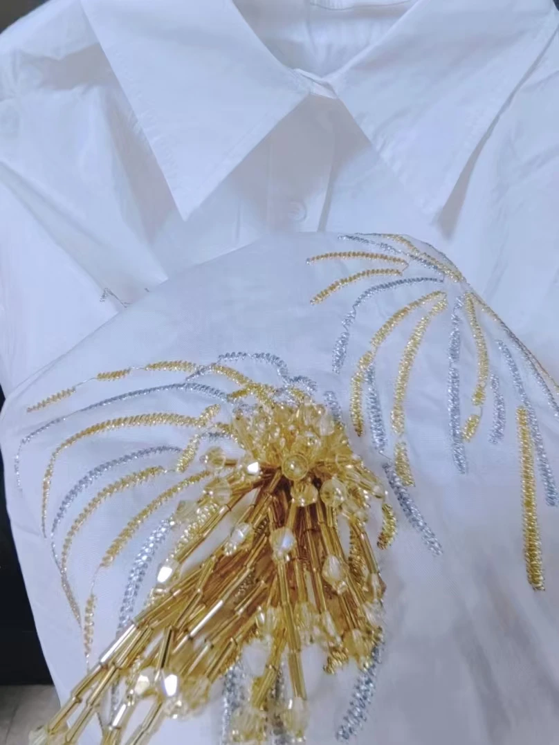 

Luxury Brand Sparkle Sequins Flowers Embroidery Cotton White Blouses Shirts for Women 2025 Trend Long Sleeve Loose Casual Top