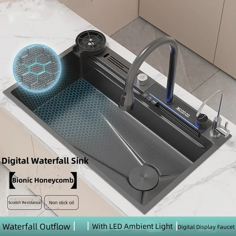 3 Buttons 304 Stainless Steel Large single slot Nano Honeycomb Digital Display Waterfall Kitchen Sink with Knife Holder