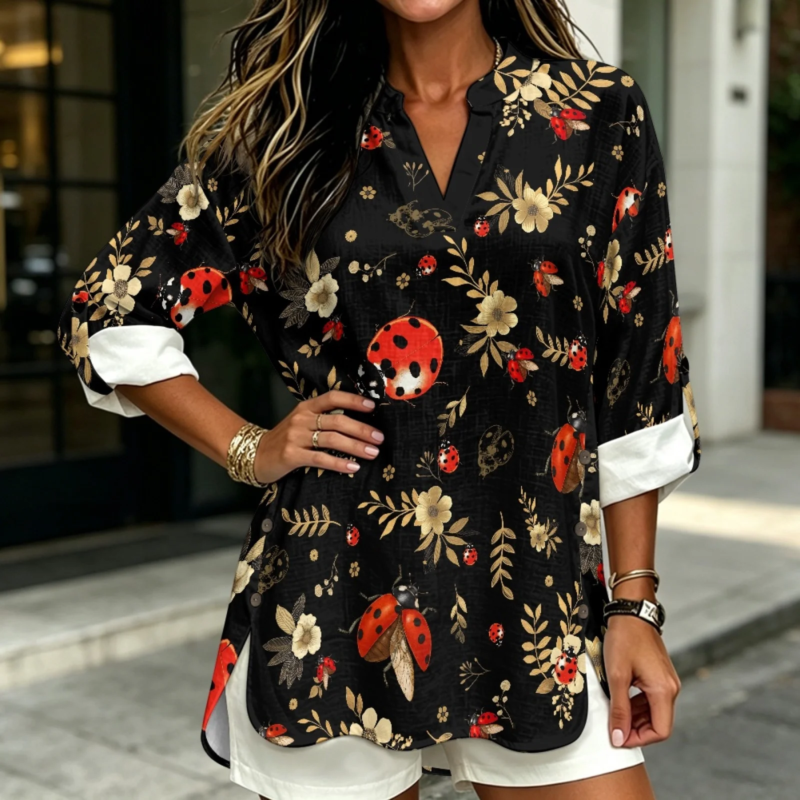 PENSTROLL Roll-Up Linen-Like Long Sleeve Blouse Breathable Tunic Tops for Resort Ladybug Floral