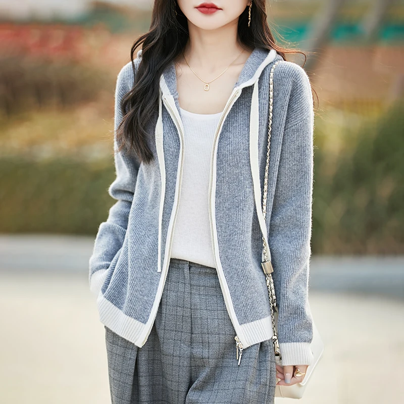 

Fashion 100% Merino Wool Cardigan Women Clothing Knitted Sweater Hooded Double Zipper Cashmere Sweater Autumn Winter Knitwear