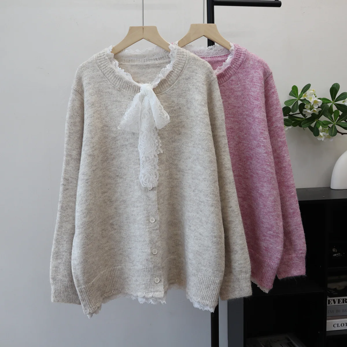 

2026 Women Lace Spliced Cardigan Sweaters Solid Jumpers Lace Up O Neck Long Sleeves Single Breasted Loose Casual Autumn Winter