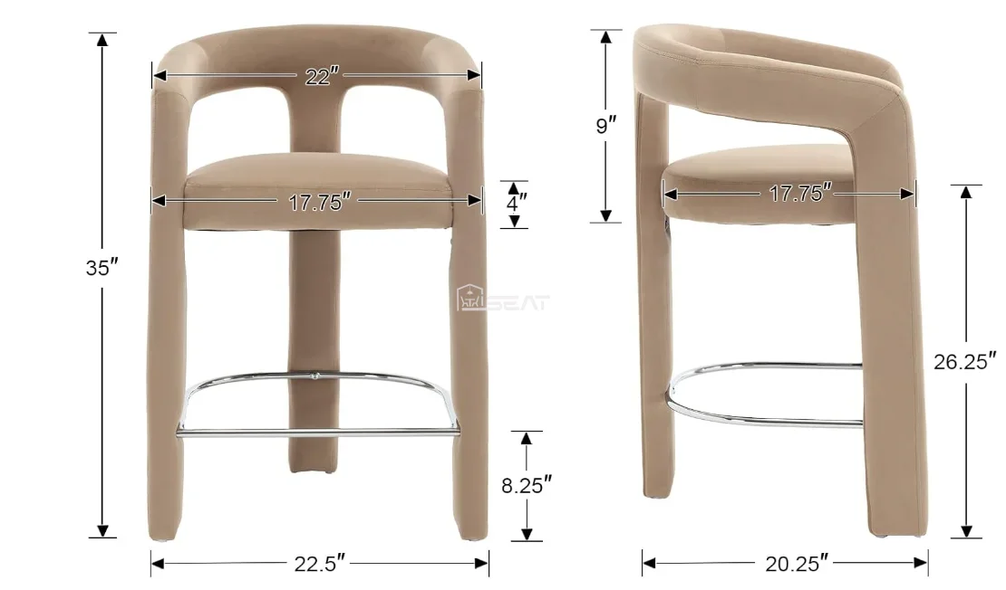 &Contemporary Sleek Counter Bar Chair Stainless Steel Feet Recycled Antique Velvet Fabric Durable Upholstered Home Bar Dining