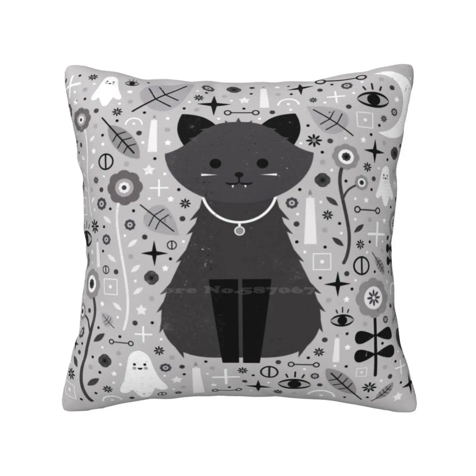 Kitten Fang Bedroom Office Hug Pillowcase Kitten Cat Baby Animal Fang Halloween Spooky Grey Black White Symbols Alchemy Moon