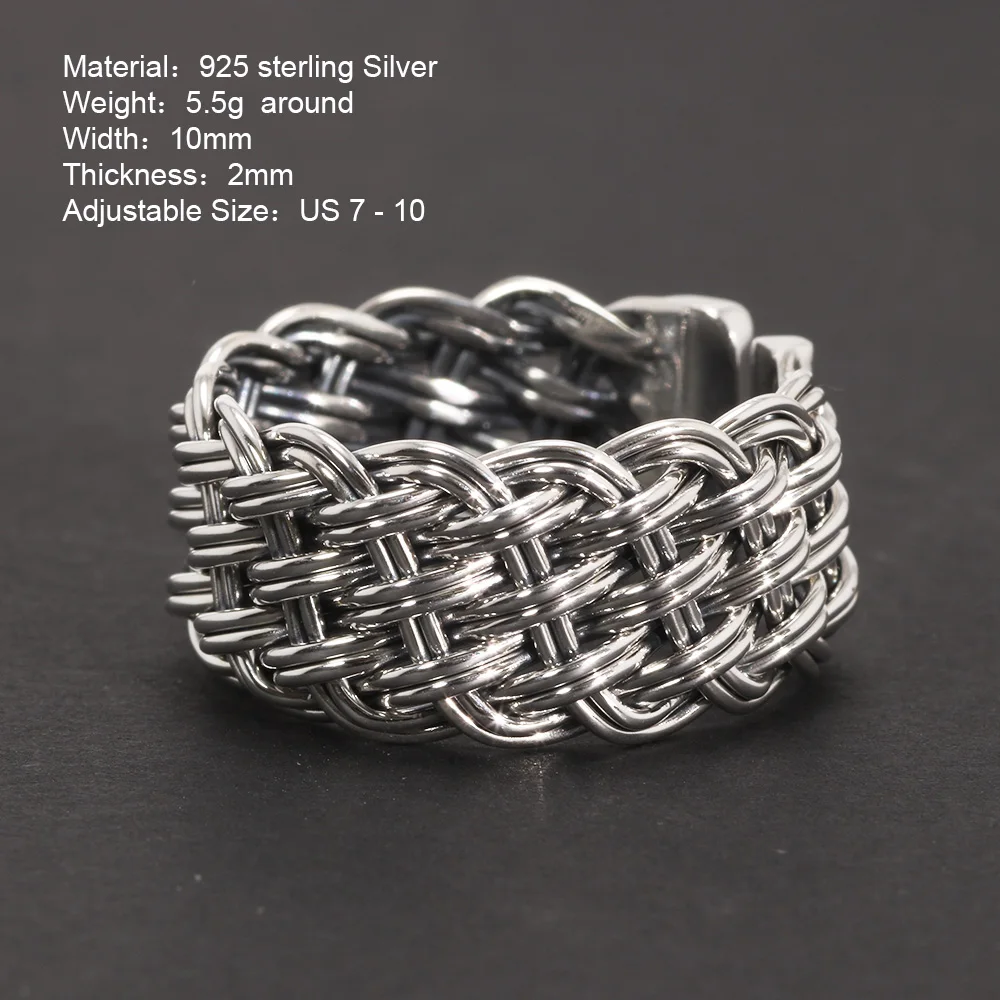 S925 Sterling Silver 2-Thread Braided Ring Viking Band Adjustable Size 7-10 Handmade Jewelry