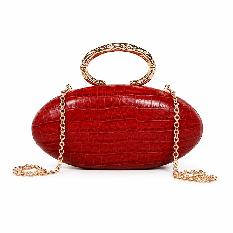  Eiförmige Handtasche mit Krokodil-Textur und Acryl-Griff, ovale Abendtasche mit Kettenriemen für Damen, luxuriöse Clutch für Hochzeiten und Partys. – Detail 2