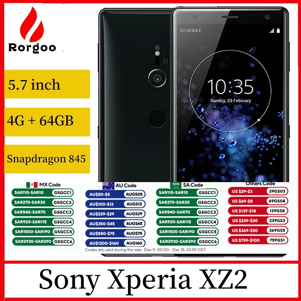 Sony Xperia XZ2 Original Unlocked Mobile phone RAM 4GB ROM 64GB H8216 H8266 JV 702SO 19MP LTE 5.7