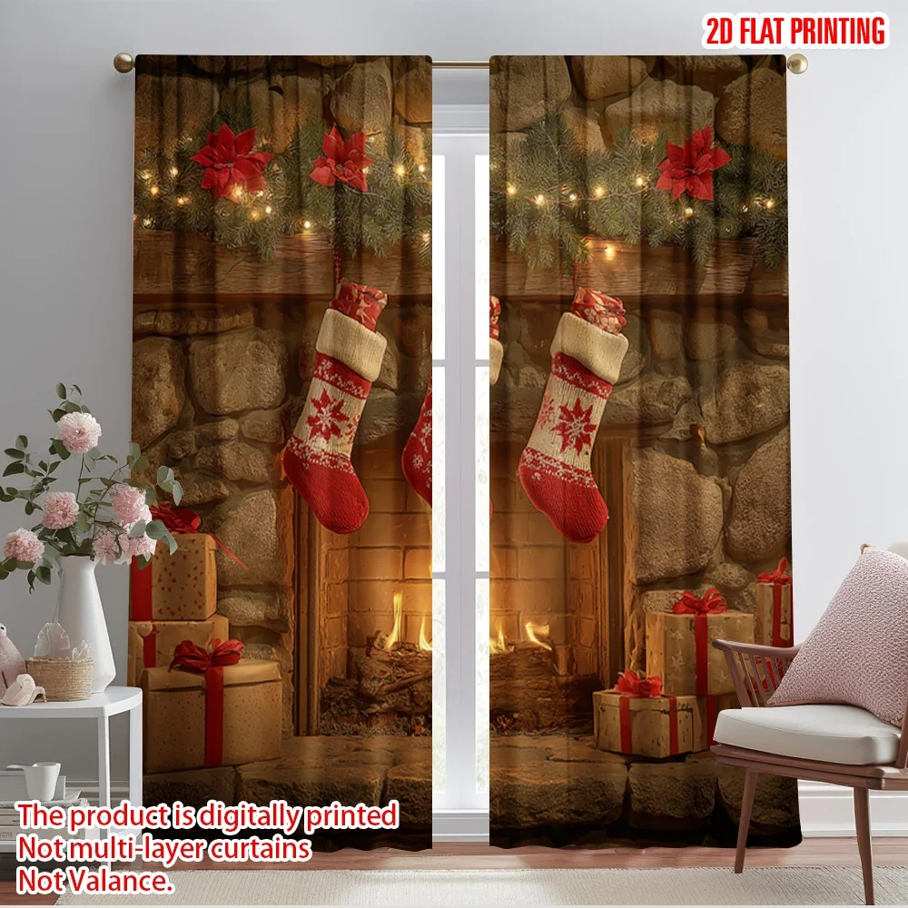 

2pcs 2D flat printing Drapes CozyChristmasFireplace Polyester Fabric Without Electricity Festive Wall Decor Use for Booths