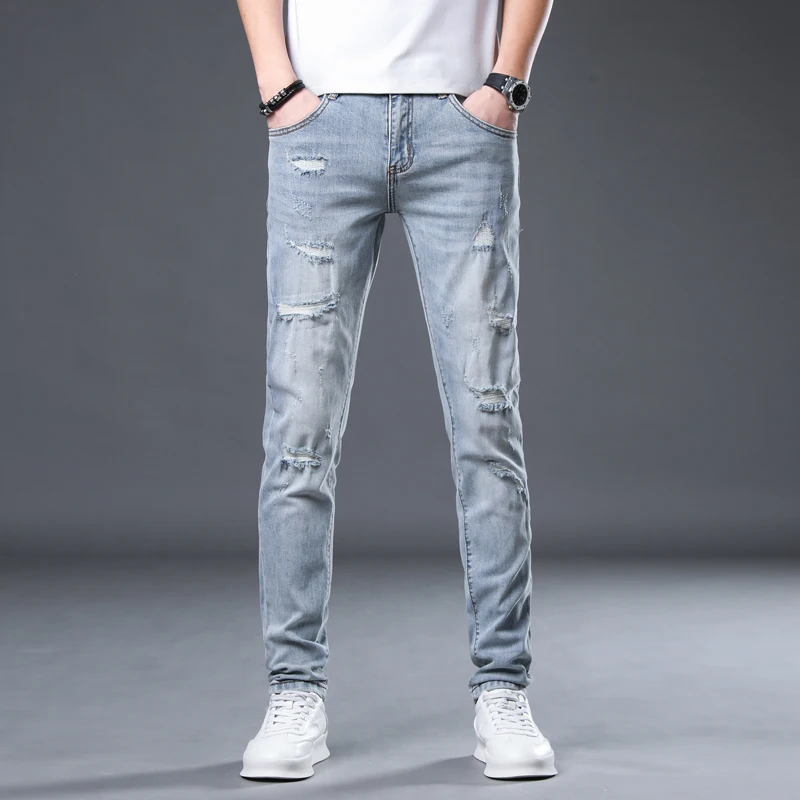 

Distressed Jeans Men Slim Skinny Fit Light Blue Stretch Denim Pants Streetwear Patched Hip Hop Jeans Ripped Men's Trousers Top