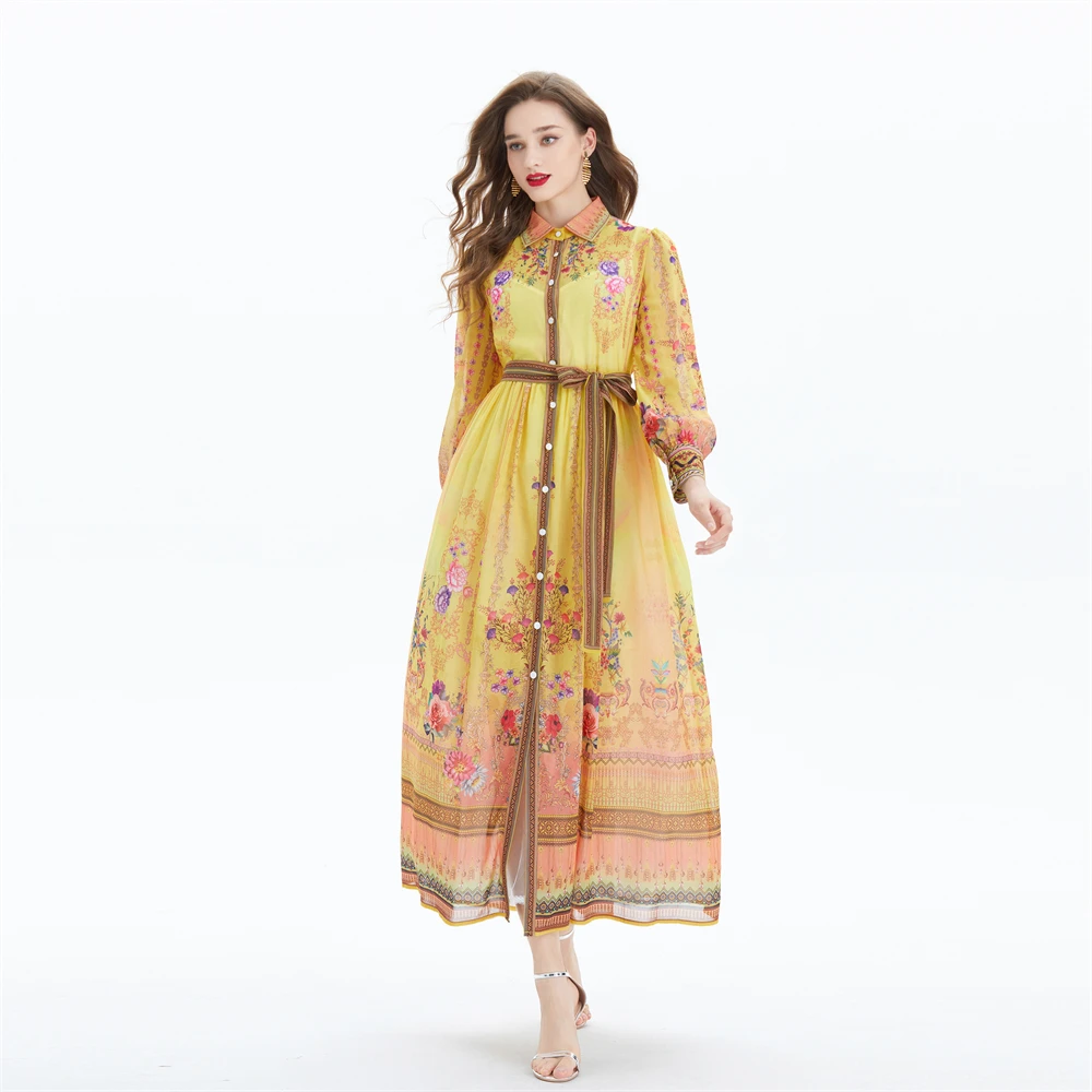 Original Design 2024 Court Sle Long Sve Midi Dr Two Piece Set Printed Chiffon Waist Cinched Maxi Skirt  Knot