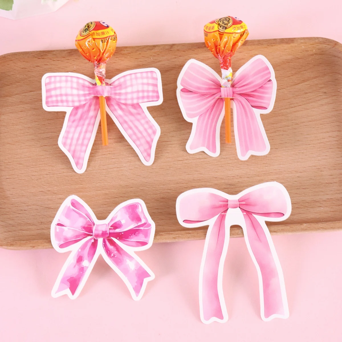 48 Stück rosa Schleifen-Papier-Lollipop-Kartenhalter, rosa Süßigkeitenverpackung für Geburtstagsfeier-Dekoration, DIY-Geschenk für Feiertage – Detail 4