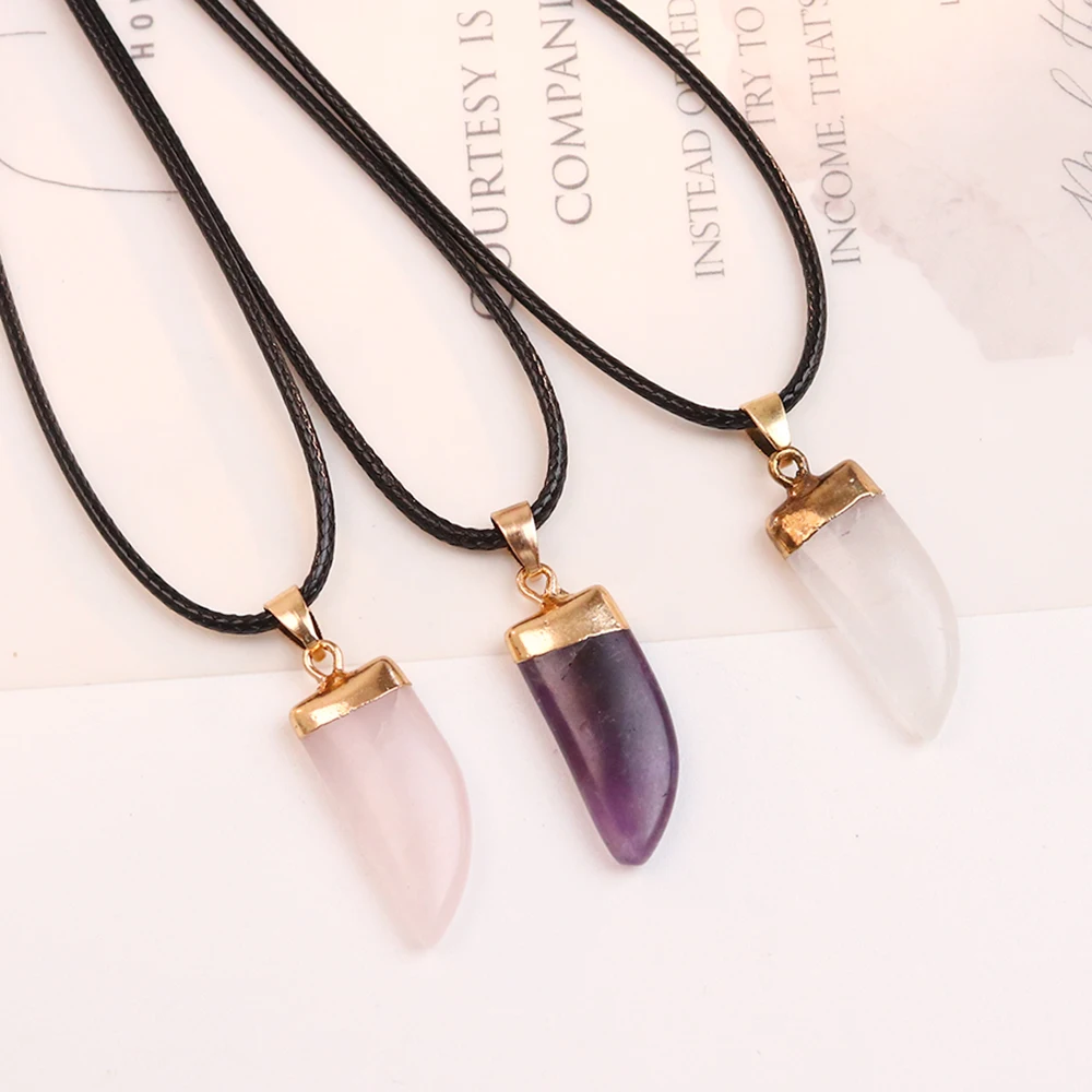 Buffalo Horn Wolf Tooth Necklace Natural Stone Crystal Quartz Amethysts Ivory Horn Pendants Charms Jewelry Necklace Amulet Gift