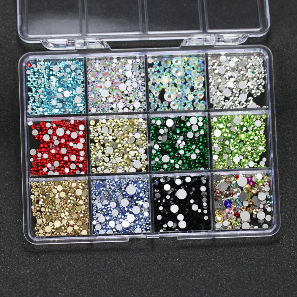 12 Gitter 3D Bunte Runde Perlen Kristall Nagelkunst Strass Flache Glasdiamanten Nagel-Charms DIY Maniküre Dekoration