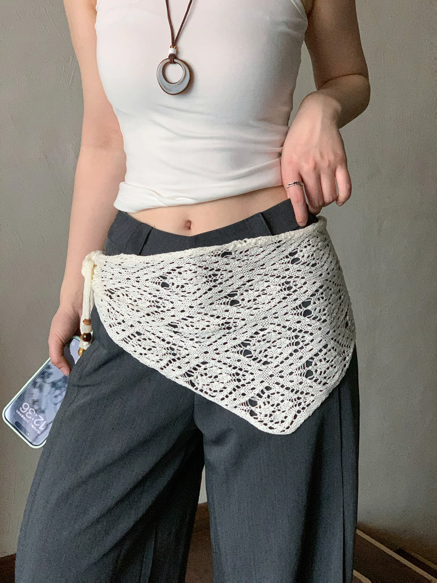 2026 New Hollow out Knitted  Scarf Half Skirt Fashionable Overlap Design Youthful Bum Covering Short Skirt Korean Style