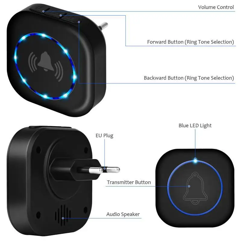 Wireless Doorbell Waterproof Welcome Chime Home Door Bell Intelligent 4 Level Volumes Door Chimes 300m Distance Remote Control