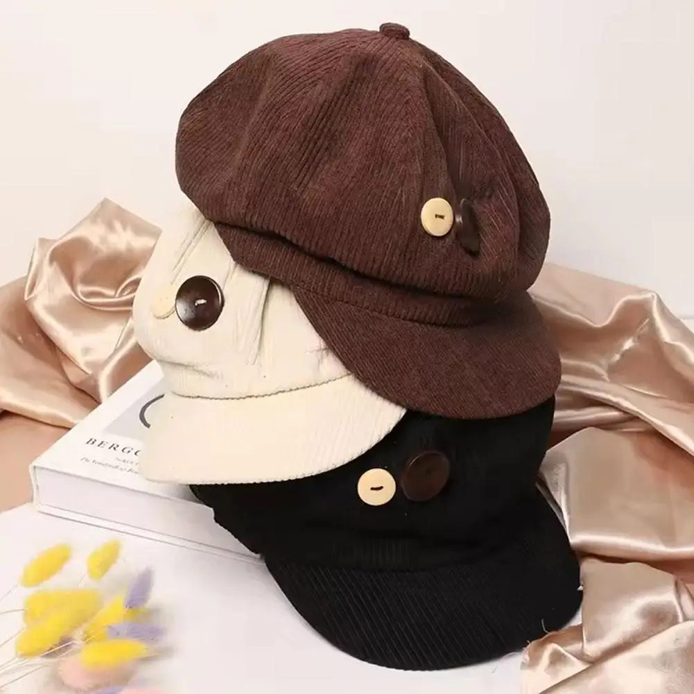 Retro Knopf Cord Achteckige Kappe Für Frauen Maler Künstler Hut Japanische Mädchen Braun Schirmmützen Herbst Winter Berets – Detail 13