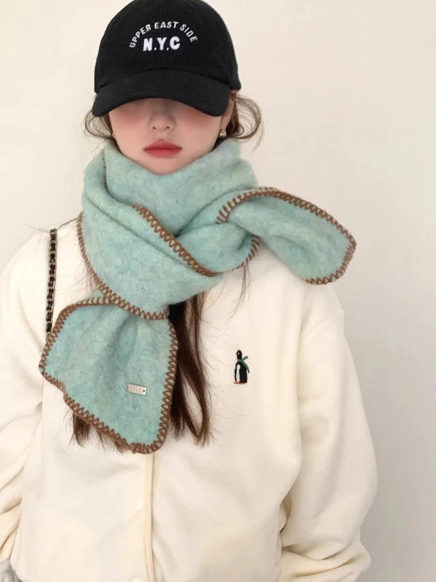 

Knitted Scarf Women Autumn Winter Korean Style Thickened Locking Edge Warm Pure Color Scarf Soft And Cozy Neck Protection Vers