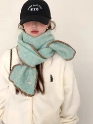 Knitted Scarf Women Autumn Winter Korean Style Thickened Locking Edge Warm Pure Color Scarf Soft And Cozy Neck Protection Vers