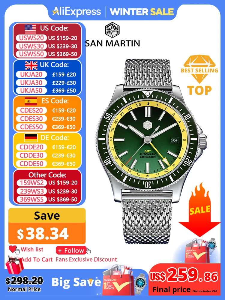 San Martin Original Design 41 mm GMT Taucheruhr NH34 automatisches mechanisches Schnellverschluss-Armband wasserdicht 200 m leuchtend SN0119