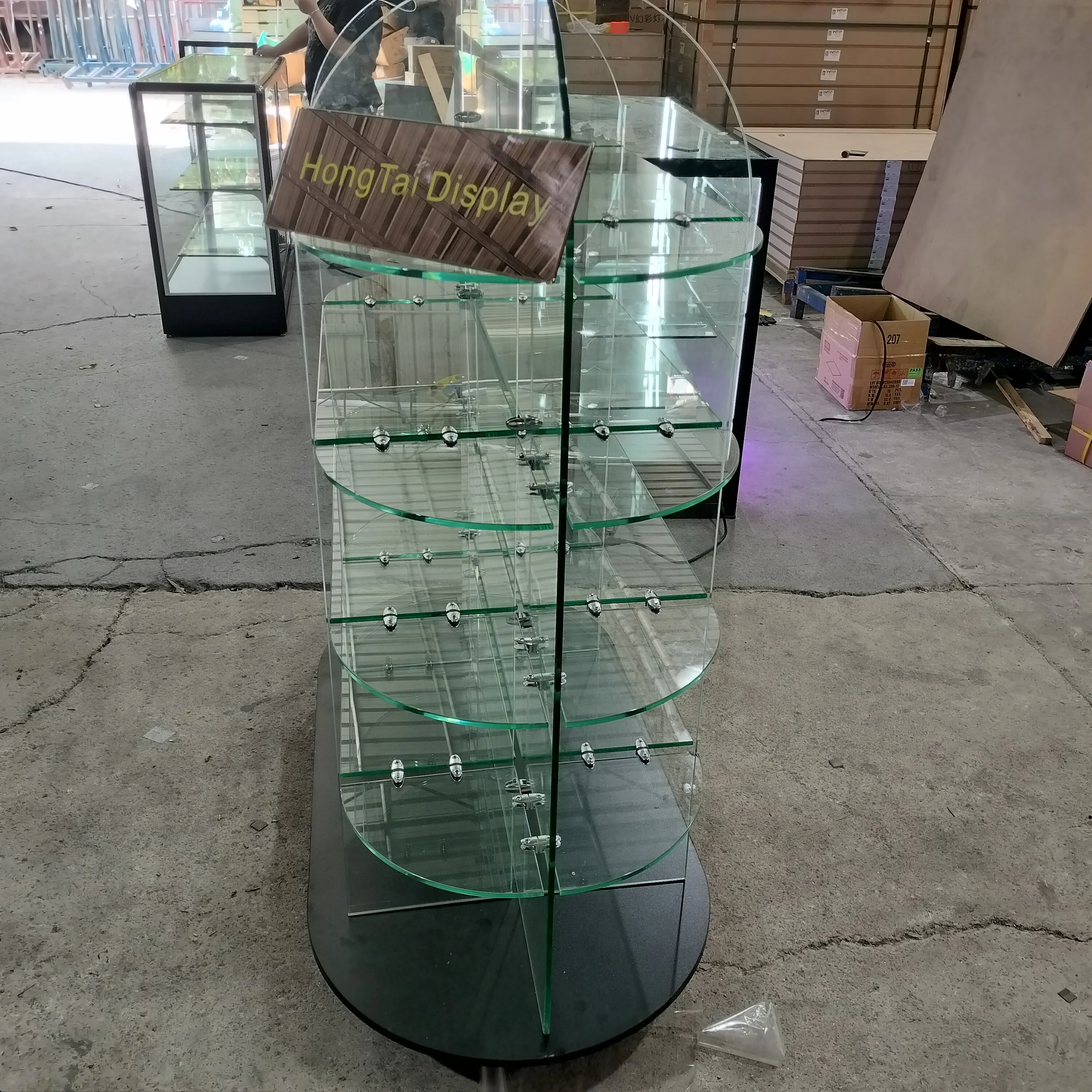 Etalase Kaca Temper Custom.Curved Extra Vision untuk Butik, Meja Pajang Kaca, Etalase Ritel