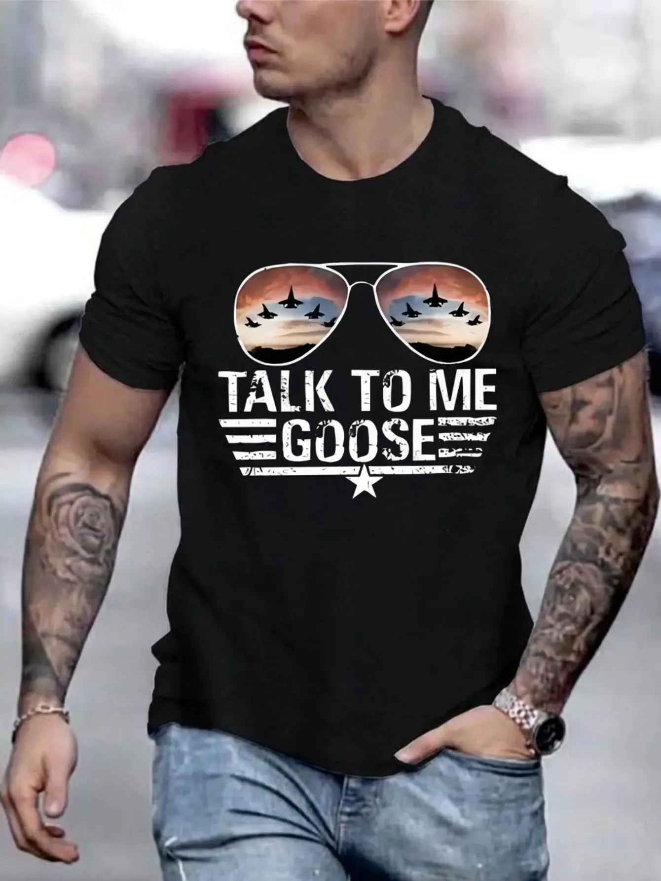 

Men's Casual Graphic Short Sleeve T-Shirt with "TALK to ME GOOSE" Aviation Design, Sunset & Stars Print, Machine Washable