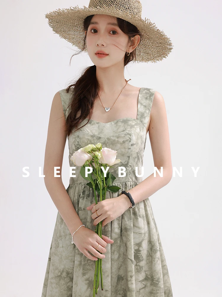 Elegant Chinese Style Printed Maxi Dress Women Sleeveless Tie-Dye Square Neck Outfit Slim Fit Waist Cami Long Dress Summer Look