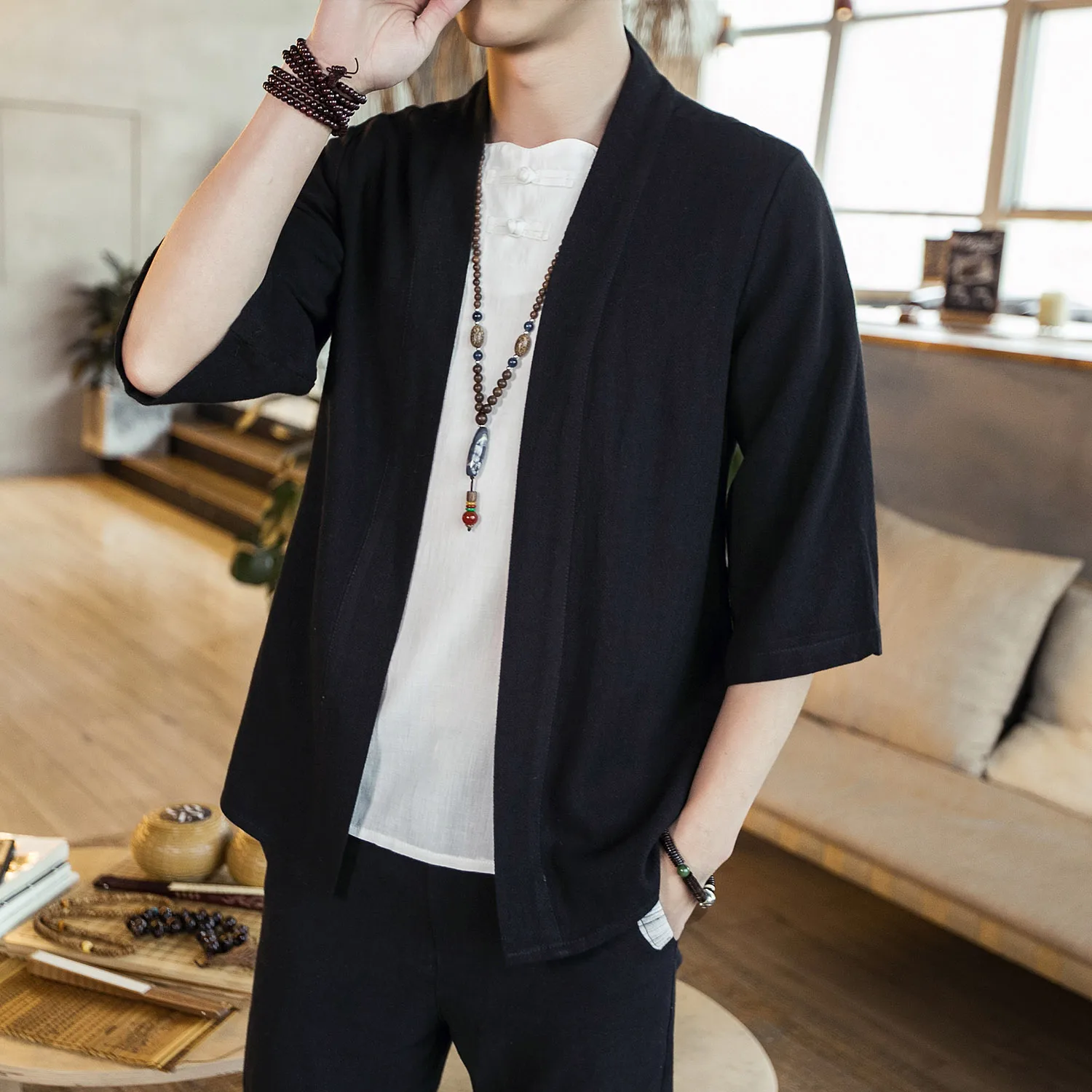 

Linen Cotton Men's plus Size Shirt Three-Quarter Sleeve Open Cardigan Ethnic Style Fashionable Summer Shirt Washed Finish