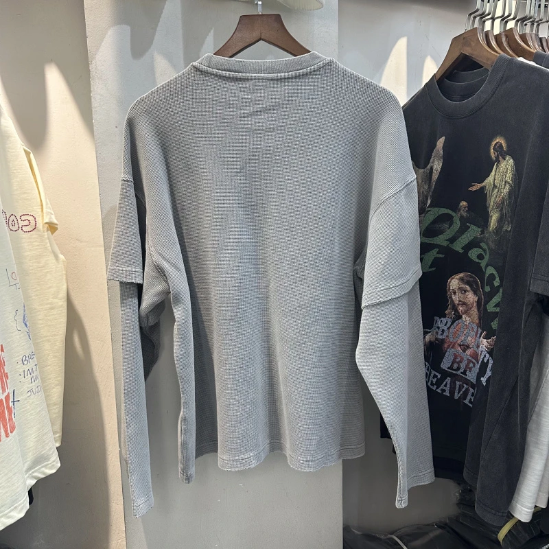 Fake Two Pieces Long Sleeve T Shirt Men Women Washed Distressed Loose Cotton Splice T-shirt Hip Hop Streetwear Sweatshirts Tops