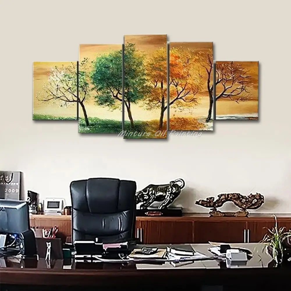 High Quality Hand-Painted 4 Season Tree Oil Painting White Green Red Landscape 5 Pcs Canvas,Wall Art,Set Modern Abstract Picture