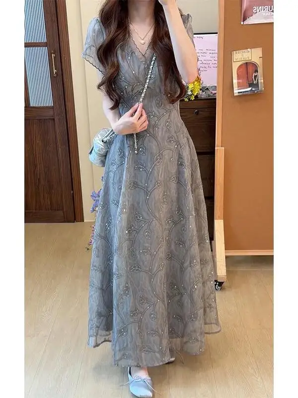 

plus Size Midi Dress V-Neck Slimming Flattering French Style Embroidered Loose Fit Breathable Summer Women's Dress