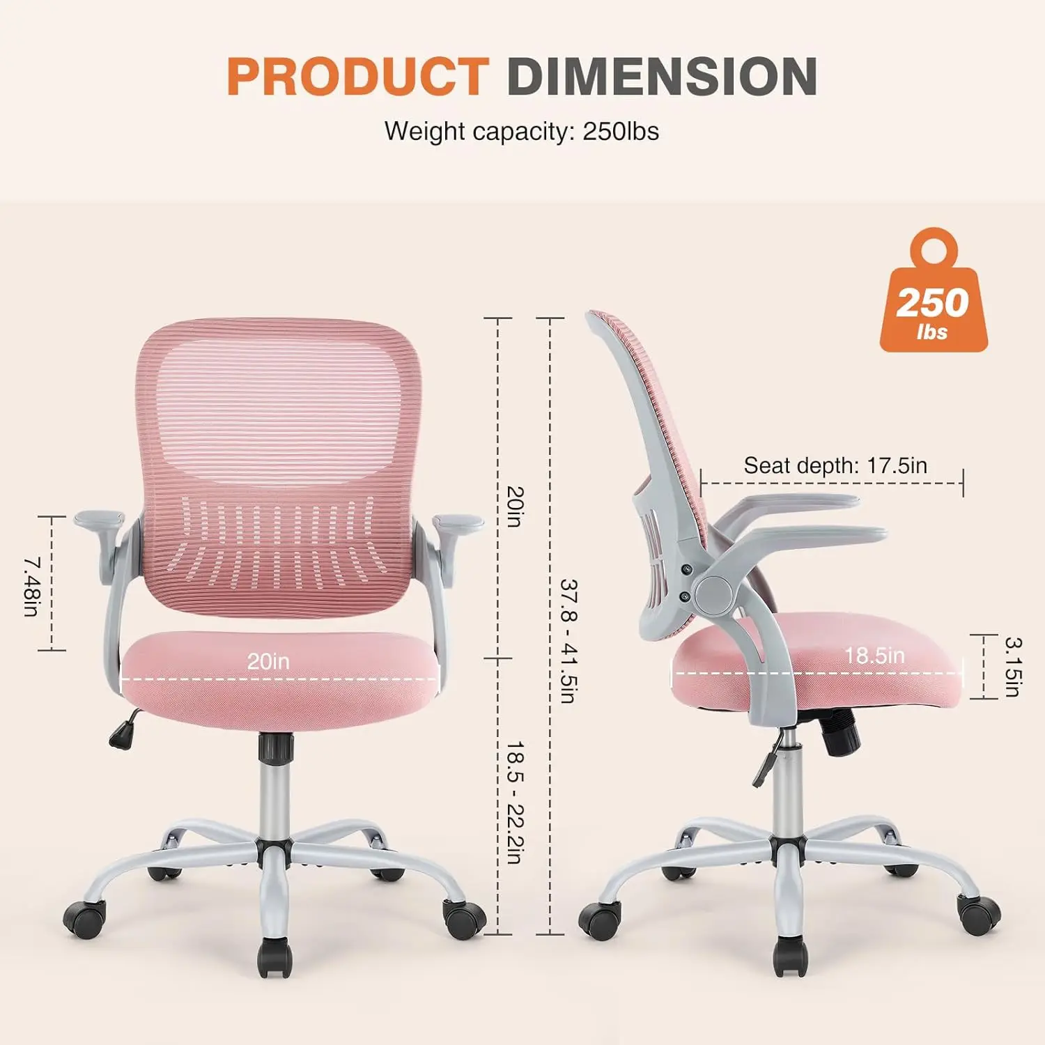 Ergonomic Mid-Back Mesh Office Chair with Lumbar Support, Flip-up Arms, Swivel, Rolling, Pink view 2