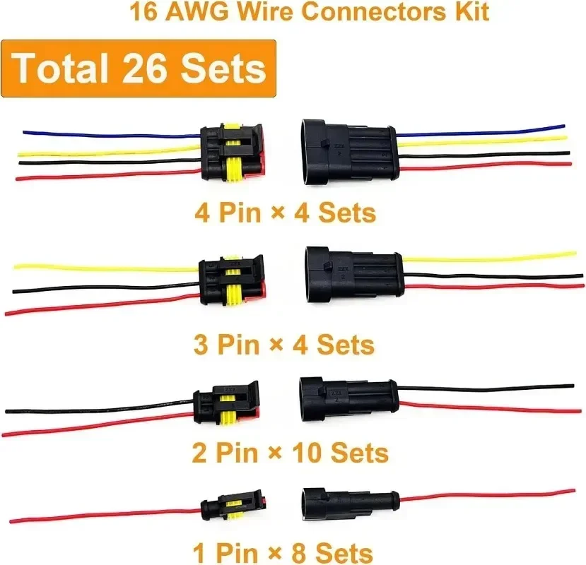 26Set 1/2/3/4Pin Connector Male and Female Way 20AWG Electrical Wire Connection Waterproof Connector for Car Truck Boat Tool