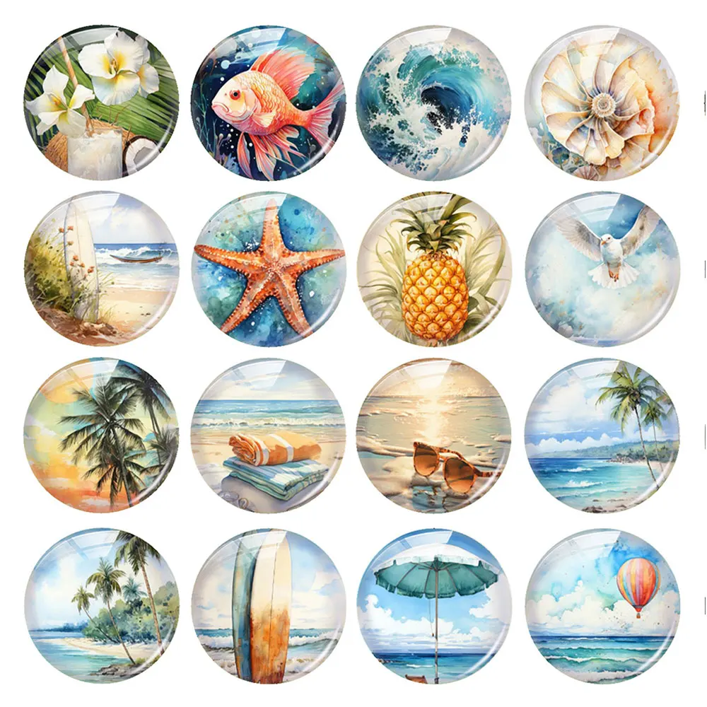 Random Mixed Round/Oval/Square Summer Beach Vacation Ocean Photo Glass Cabochon Flatback Demo Cameo For Diy Jewelry Making