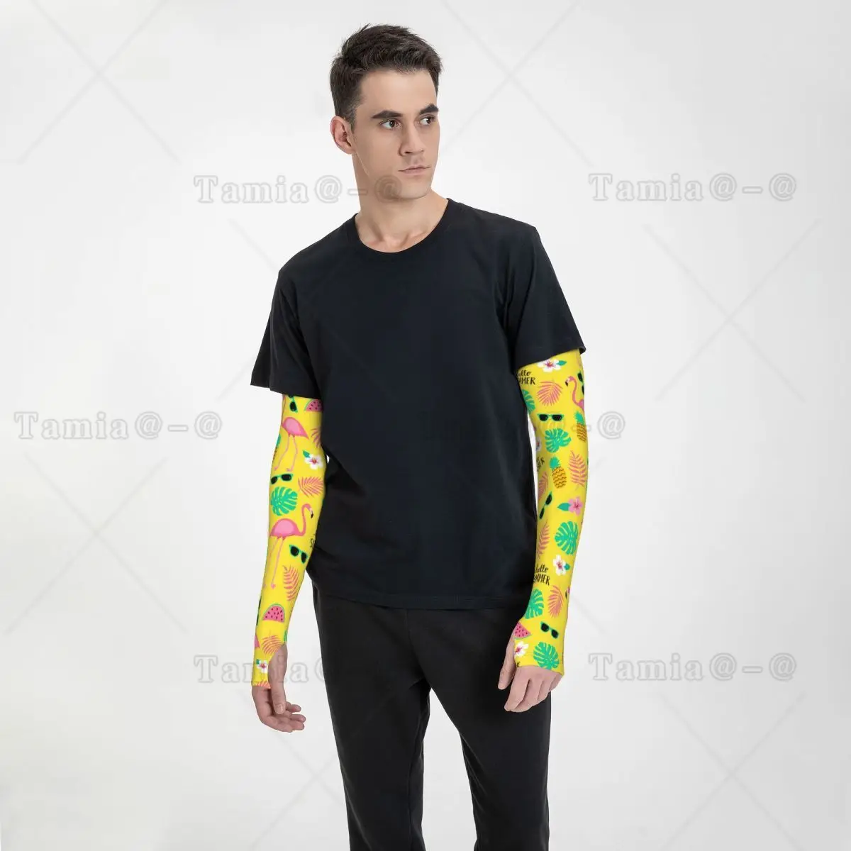 Custom Flamingos Leaves Cooling Arm Sleeves Men Women Athletic Sports Tropical Pineapple Pattern Tattoo Cover Up for Hiking