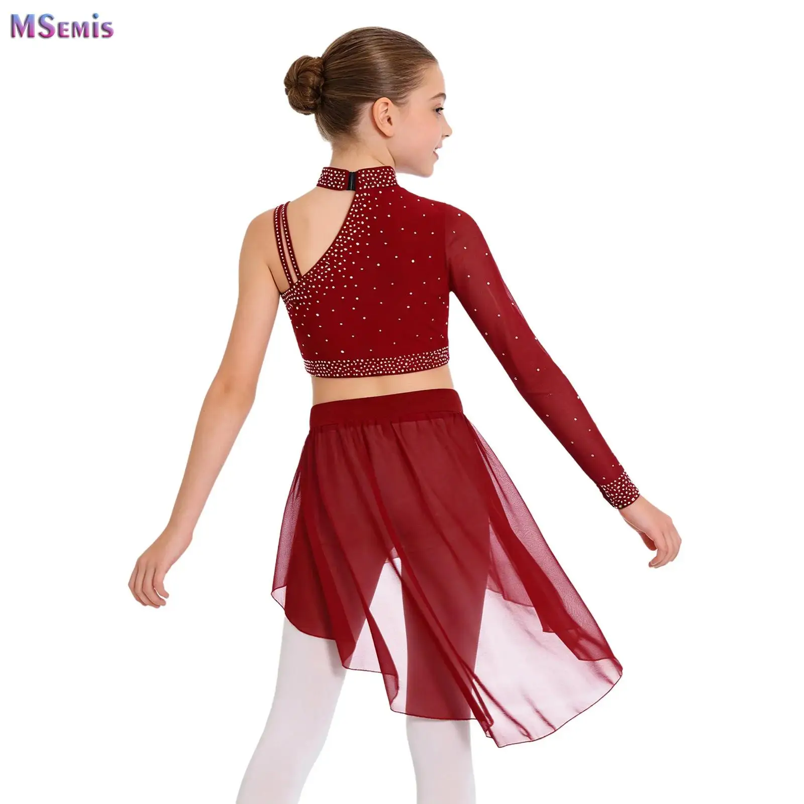 

Girls Modern Lyrical Dance Performance Costume Kids Rhinestone Crop Tops with Skirts Built-in Briefs Gymnastics Ballet Outfits