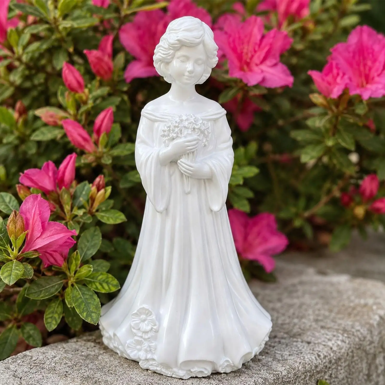 7 Inch White Resin Girl Statue Holding Flower Ornament Elegant Garden Figurine Weatherproof Decor Sculpture For Yard Patio