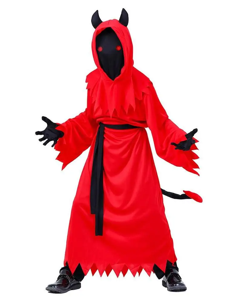 

Halloween Children's Demon Horror Glowing Red Eye Costume Kids' Scary Outfit with Luminous Eyes Traditional Chinese Stage Cos...
