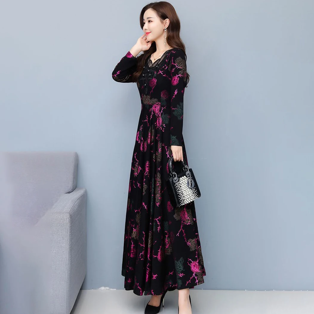 Otoño Invierno nuevo vestido de manga larga estampado bronceado con cuello en V mujeres gran Swing longitud media hasta el muslo que cubre vestidos de noche adelgazantes