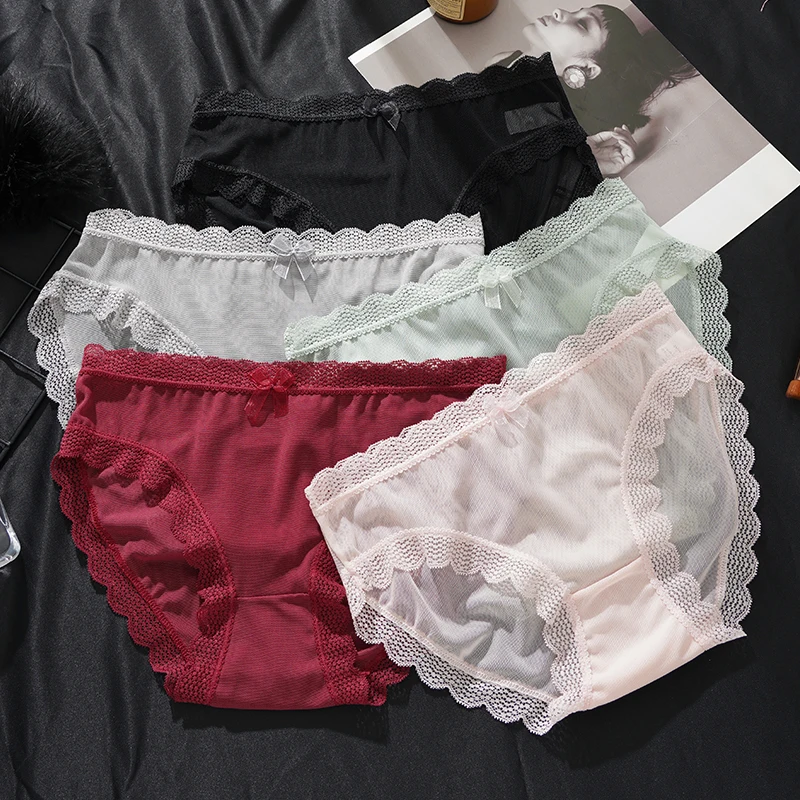 Women Panties Sexy Lace Net Yarn Thin Briefs Girls Bow Hollow Out Transparent Low-Rise Seamless Underpants