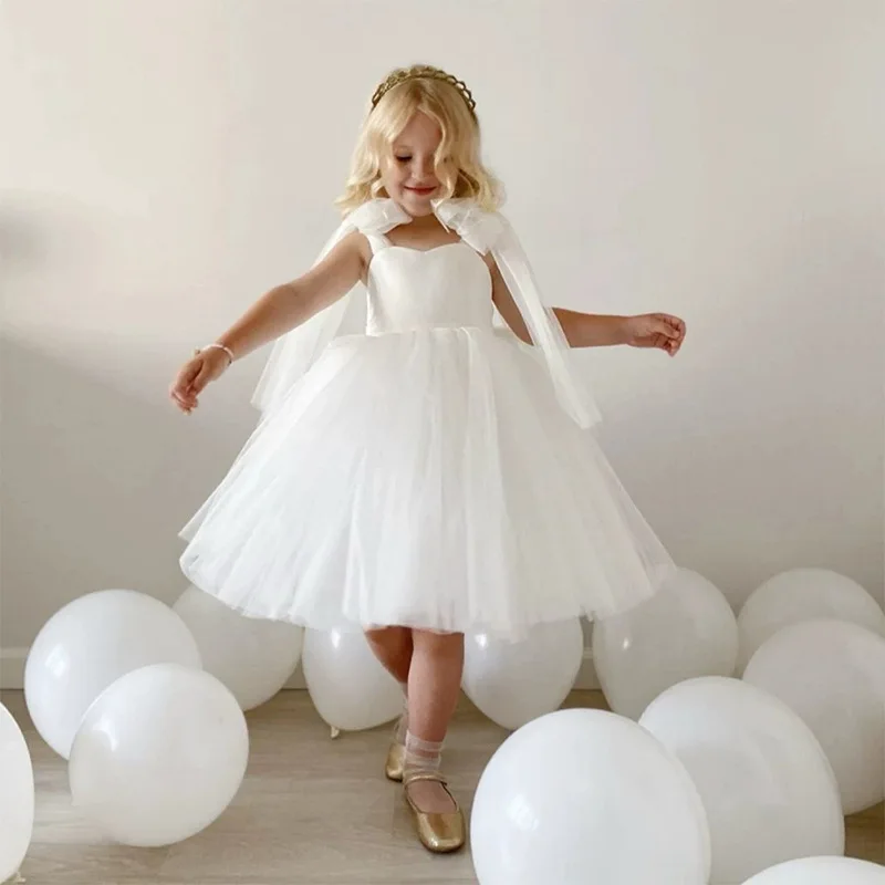 White Dress For Flower Girls Bow Tulle Princess Dress For Children Birthday Party First Communion Wedding Prom Pageant Gown