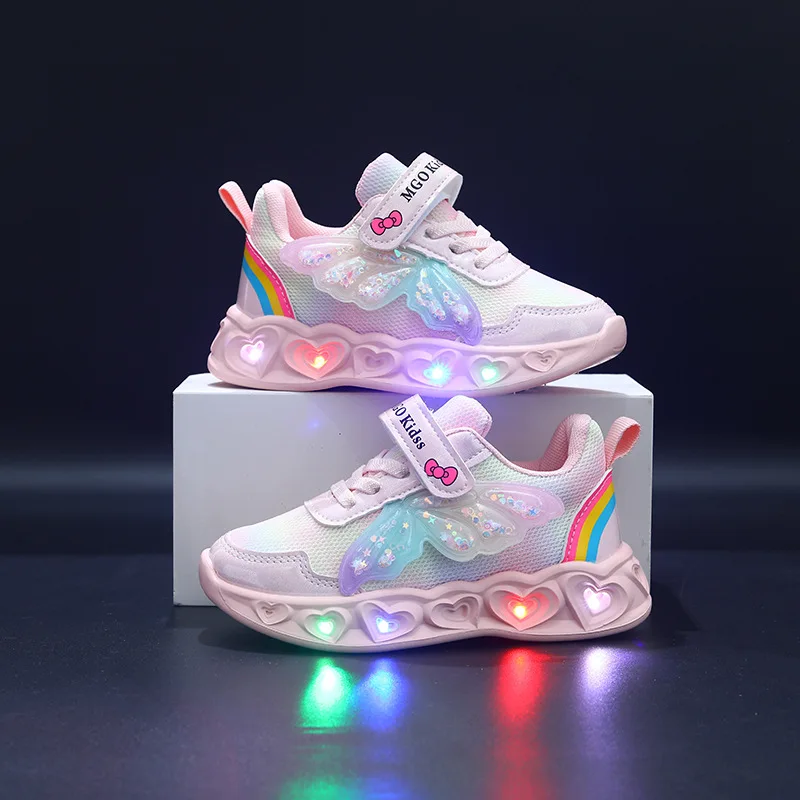 2026 Autumn Girls' Princess Wing LED Light Up Sneakers Cute Kids Casual Sports Shoes For Little Girls Aged 1-6 Daily Outdoor