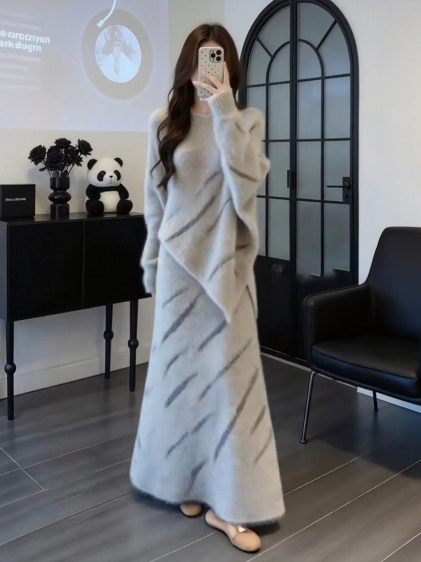 

Winter Warm Knitted Sweater And Skirt Set Women's Lazy Sle Two-Piece Soft Color Blo Faion Ensemble High Waist Skirt