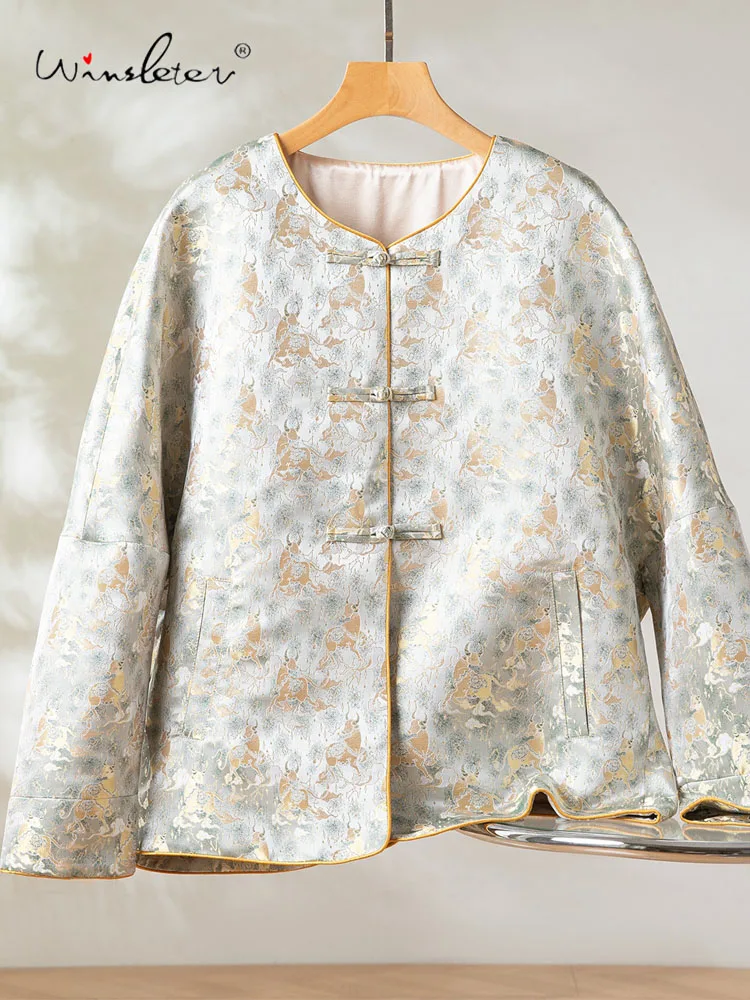 

Winsleter-100%Real Silk Song Brocade Elegant Coat, O Neck Jacquard, Women New Chinese Style Loose Coat, 2025 Winter C5D634CC