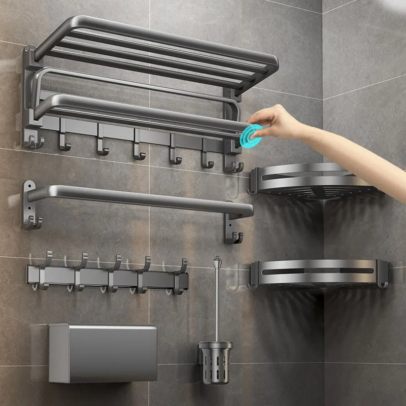 

Space Aluminium Bathroom Bath Towel Rack-Self-Adhesive No-Drill Folding Movable Foldable Gunmetal Grey Wall-Mounted Double-Tier