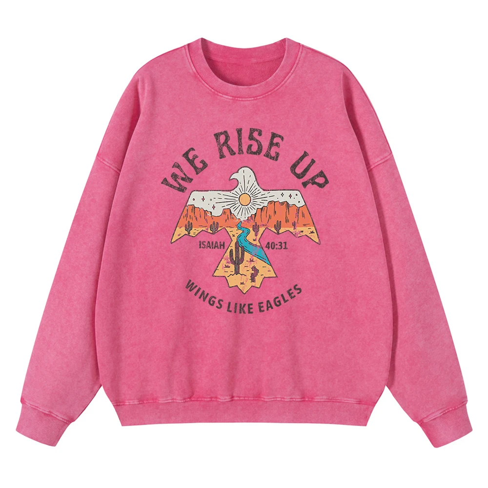 

Vintage Distressed Washing We Rise Up Wings Like Eagles Men Hoodies Oversized Pullover Sweatshirt Loose Hoody Cotton Clothing