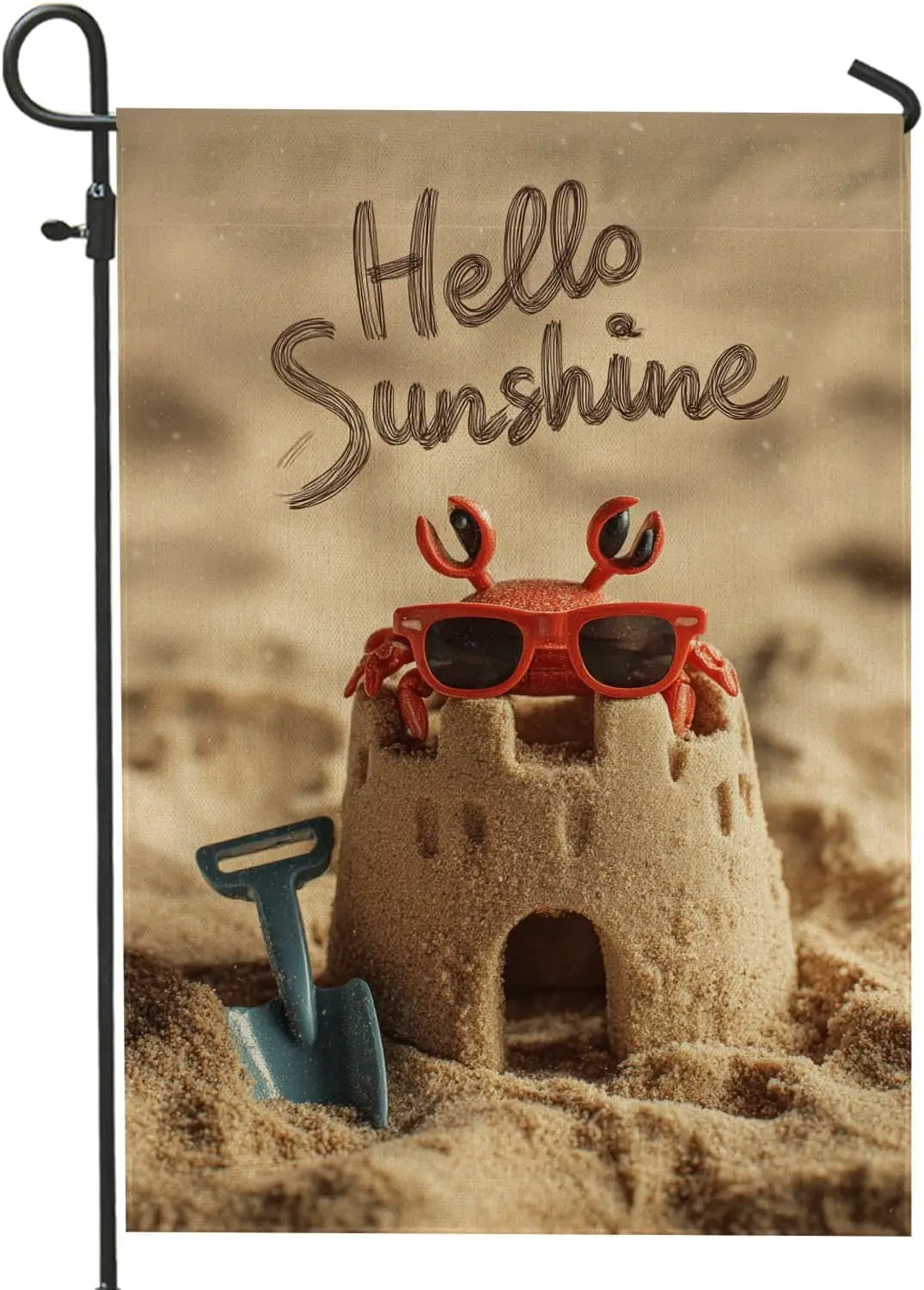 Hello Sunshine Crab Sandcastle Garden Flag, Summer Beach Decor, Double Sided Burlap Yard Banner, Fun Outdoor Lawn Decoration hhz