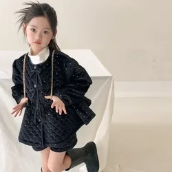 Children Clothing Set Girls Cotton Suit 2023 Winter New Velvet Fashionable Casual Simple Kids Coat Shorts Two Piece Set