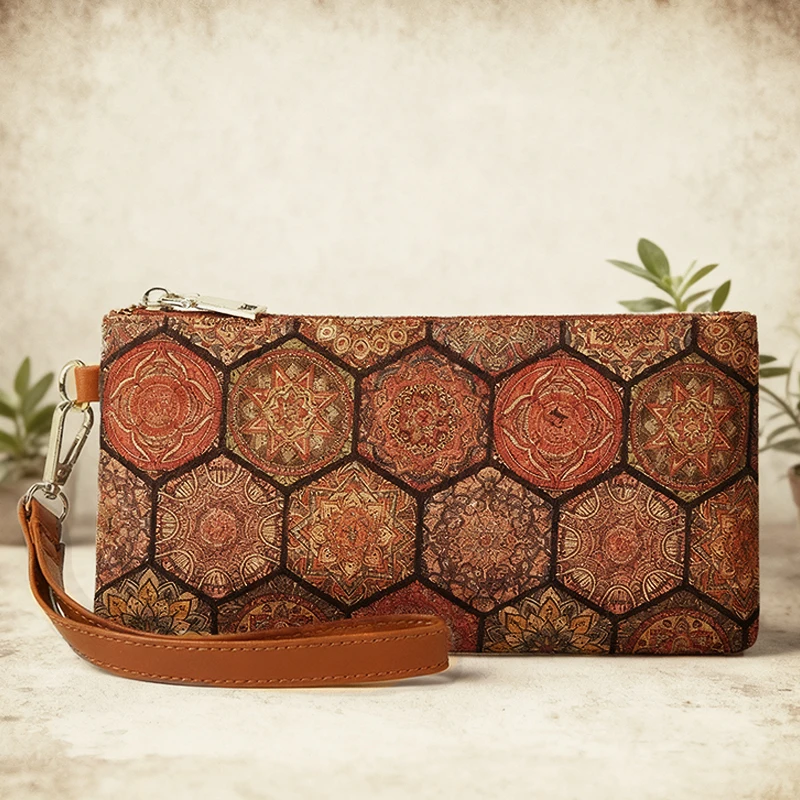 Retro Long Wallets Women Cork Leather Flower National Print Large Capacity Coin Purse for Outings Everyday use Bohemian Style