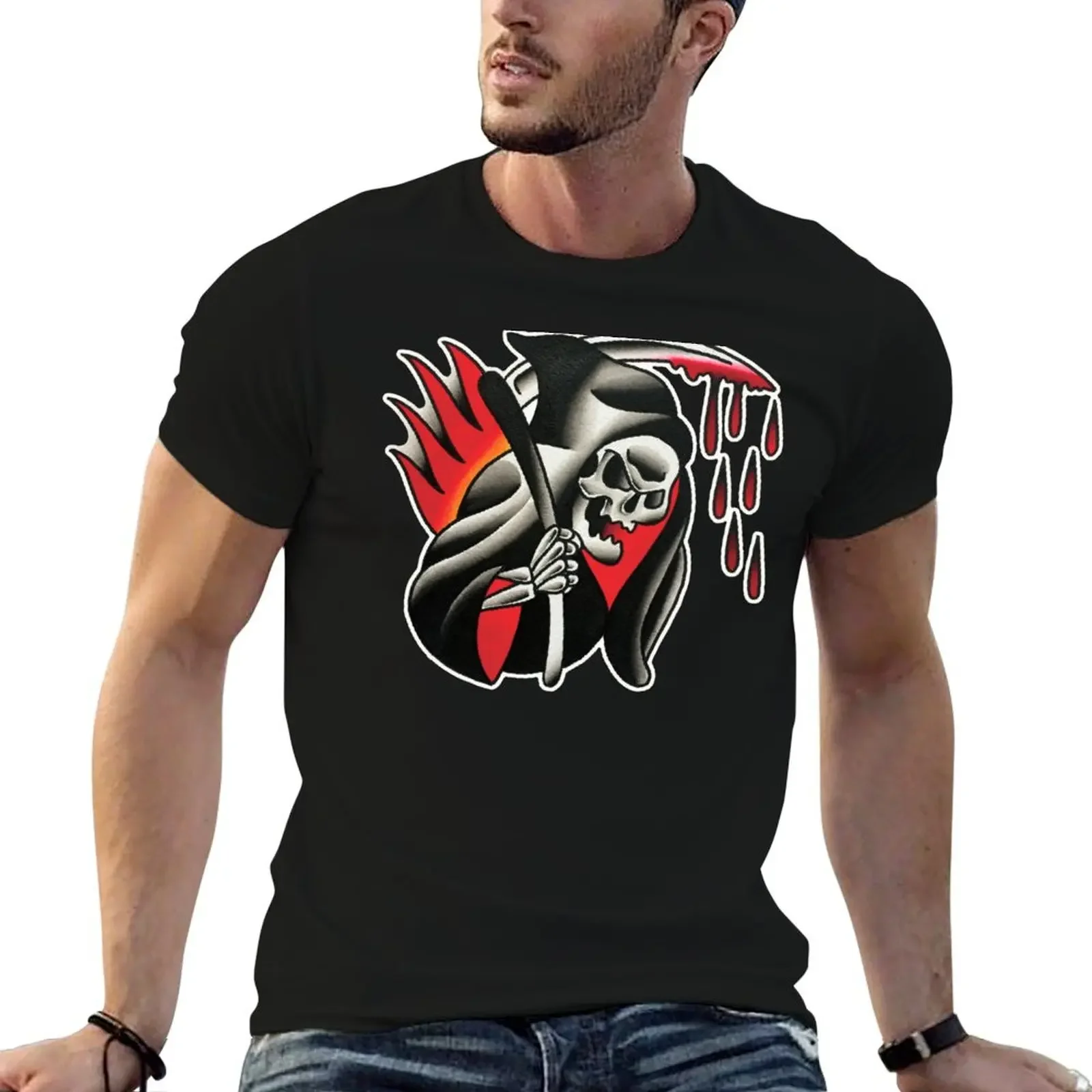 Traditional Reaper with Dripping Blood Tattoo Design T-Shirt cotton graphic tees essential t shirt compression shirt men